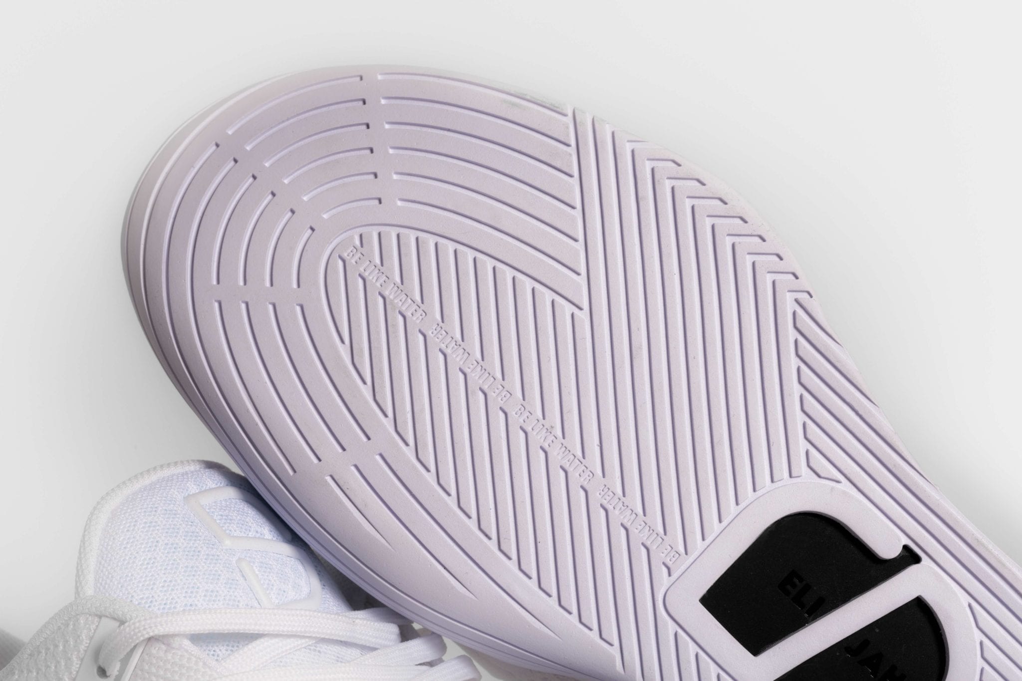The outsole of Spencer's shoe, with the phrase "Be Like Water" inscribed. (Courtesy of Spencer Dinwiddie)